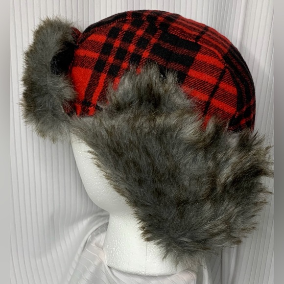 Snotek - Hunting / Aviator Hat With Faux Fur Lining And Trim Red And Black Plaid - Picture 5 of 11